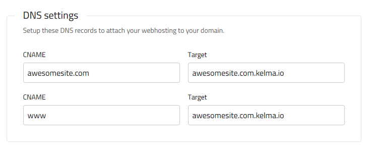 DNS settinngs in Kelma Dashboard